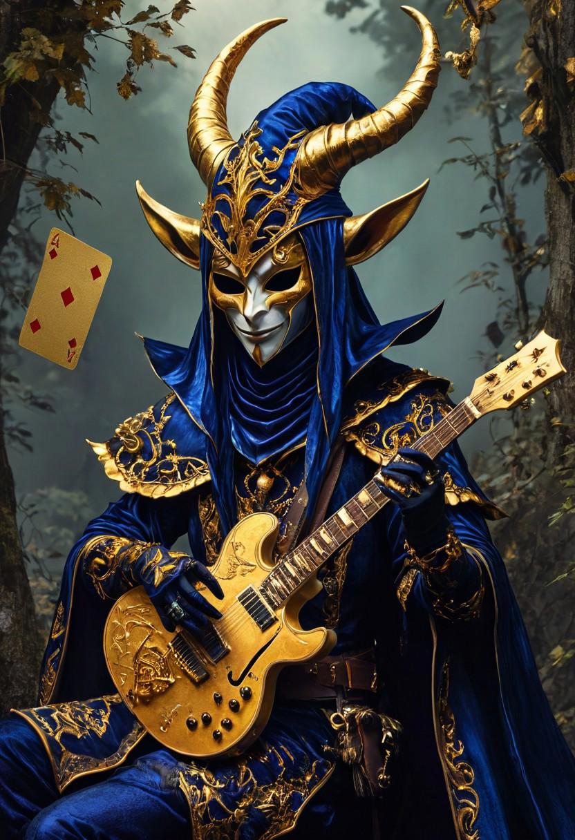 A mysterious dark fairy jester dons a horned hat and a golden mask, adorned in black and indigo clothing. Wielding a super V electric guitar, the enchanting figure also sports a unique belt adorned with a mask and a deck of cards, adding to the mystique and allure of this captivating character.