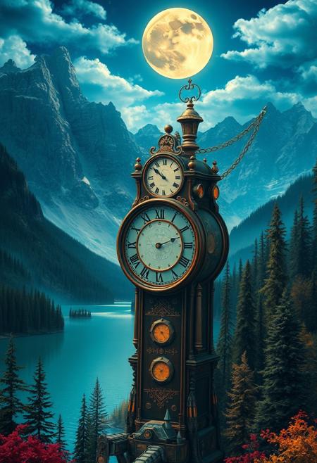 steampunk, clock, moon, mountains, forests, lakes, vivid colour, fantasy