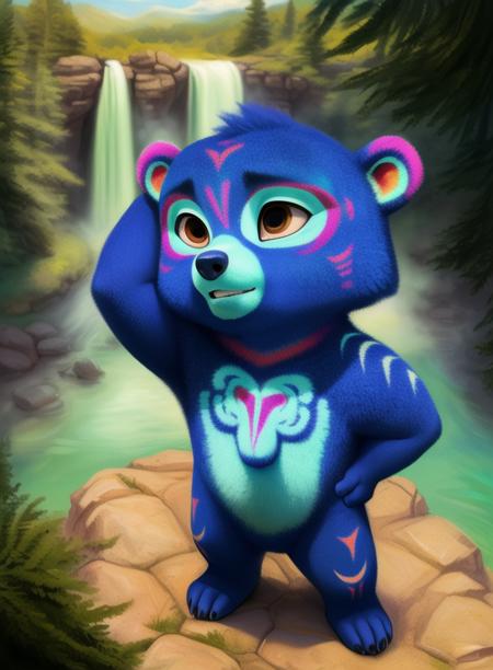 KodSpiRan, bear, dark blue fur, chibi, brown eyes, patterns on the body,