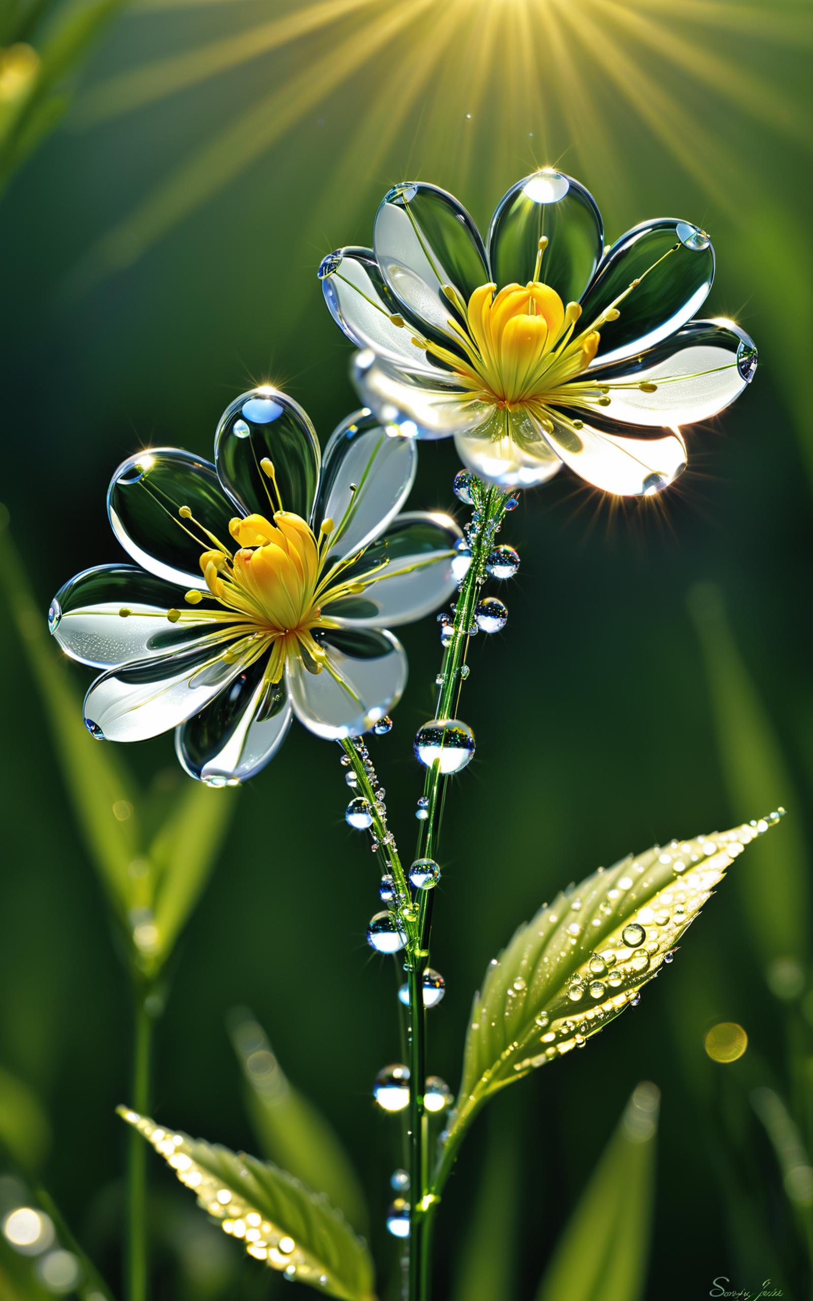 Droplets of water on a flower and a green leaf.