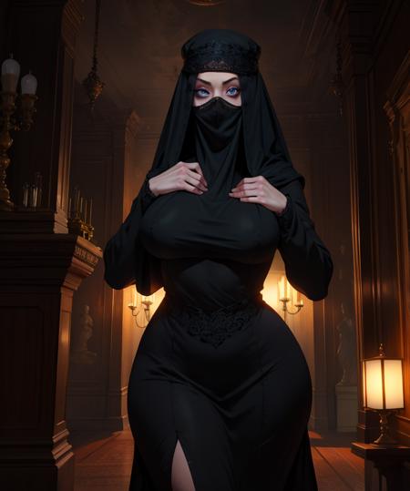 donna,black veil,head covered,faceless female, blue eyes, 
black dress,curvy,
standing,
mansion,dim lighting,
(insanely detailed, masterpiece, best quality),solo,<lora:donnabeneviento:0.7>,