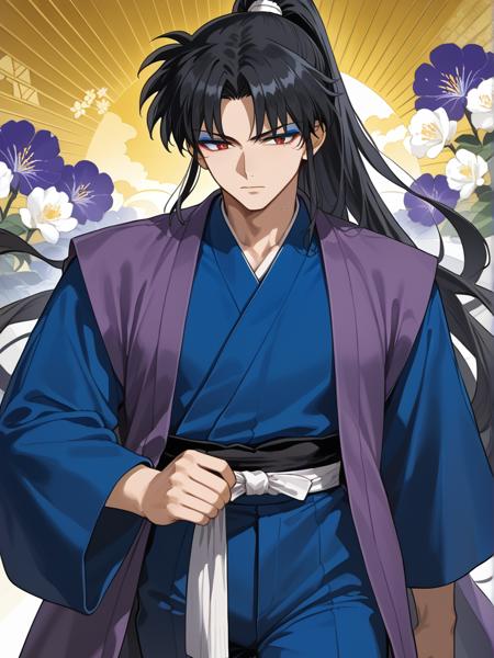 Naraku japanese clothes, purple vest, blue shirt, blue pants ponytail