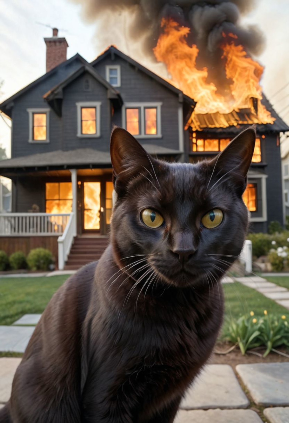 cinematic film still artwork,  cfb, black cat, foreground, a house on fire, background, vibrant, highly detailed,  shallow...