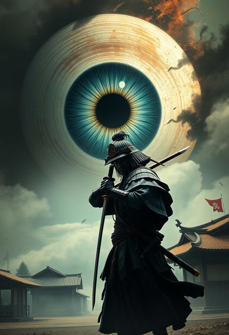 cinematic, 32k, hyper detailed, a samurai holding a sword against a giant eyeball, long sword, japanese costume, japanese village