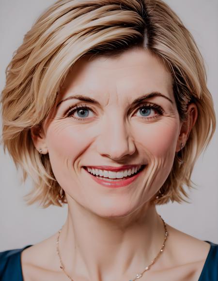 jodiewhitttaker, In a softly-lit, intimate studio setting, Jodie Whittaker, with her radiant blonde hair cropped short and styled messily, assumes a confident, approachable stance while looking directly into the camera with a dazzling, toothy smile. Her piercing blue eyes sparkle as they meet yours, and she adorns herself in elegant jewelry that accentuates her delicate features, creating an atmosphere of warmth and inviting charm. The background is blurred, focusing attention on this captivating woman who seems to reach out to the viewer with a message of strength and optimism.