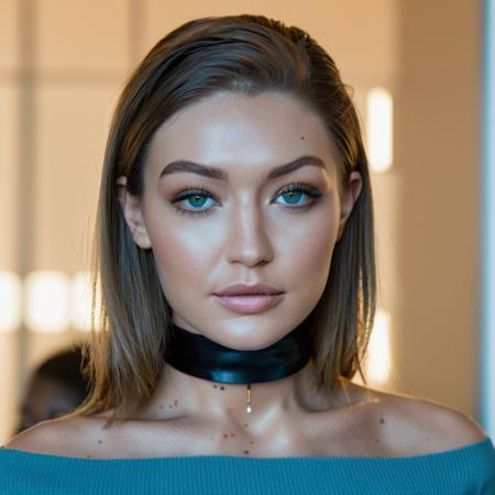 Skin Texture Photo of a woman wearing a choker necklace and ((lipgloss)),f /2.8, Canon, 85mm,cinematic, high quality, skin texture, looking at the camera,  <lora:gihadid_xl_1_standard-000094:1>