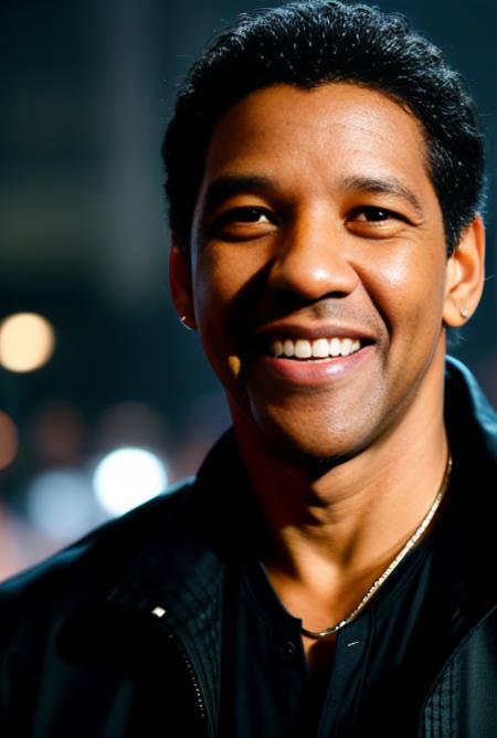 1guy, denzel <lora:denzel :1> with a black shirt and a black jacket smiling looking to the camera, american actor