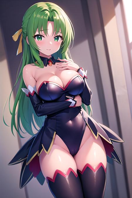 Sonozaki Shion, green hair, green eyes, long hair, yellow ribbon, angel mort dress, black  thighighs, Sonozaki Shion, green hair, green eyes, long hair, yellow ribbon, white shirt, blue necktie, blue skirt, black kneehighs,  Sonozaki Shion, green hair, green eyes, long hair, yellow ribbon, yellow necklace, turtleneck sweater, black skirt, 