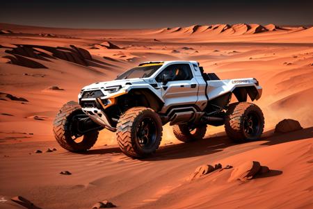 silver metal (spaceship:truck:1.1) <lyco:TruckMaker:0.7> offroad, outdoor, cinematic, (mars desert landscape:1.1), rocks, volumetric light, mist, sunrise