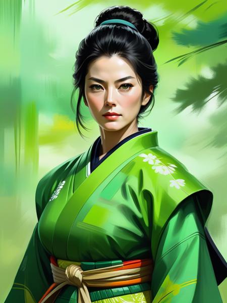 female samurai, woman, japanese clothes, (high quality, masterpiece), digital painting, upper body, black hair, (green kimono:0.7), (brush strokes:0.7), muscular, mature female