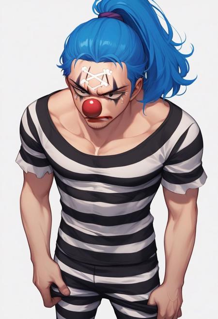 Buggy, blue hair, clown nose, clown makeup, white gloves, pirate hat, orange coat, red and white striped shirt, green sash, light green pants, shoes Buggy, blue hair, ponytail, clown nose, clown makeup, prisoner outfit, black and white striped shirt, striped pants