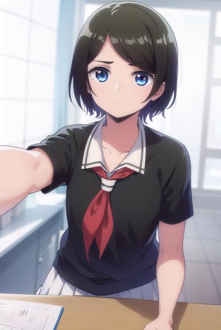 aitanahara, <lora:ai tanahara anime s1-lora-nochekaiser:1>, 
ai tanahara, short hair, black hair, hair ornament, (brown eyes:1.3), hairclip, (swept bangs:1.5), (flat chest:1.2),
BREAK shirt, white shirt, collared shirt, neckerchief, red neckerchief, skirt, black skirt,
BREAK indoors, classroom,
BREAK looking at viewer,
BREAK <lyco:GoodHands-beta2:1>, (masterpiece:1.2), best quality, high resolution, unity 8k wallpaper, (illustration:0.8), (beautiful detailed eyes:1.6), extremely detailed face, perfect lighting, extremely detailed CG, (perfect hands, perfect anatomy),