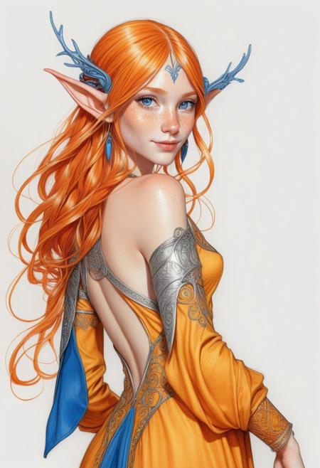 white red black, sketch art, 1girl, ultra detailed, long orange-yellow hair, blue eyes, freckles, slight smile, silver arm ring, elves ears, ral-epochelves, long backless yellow-orange dress, elves dress, intricate details,