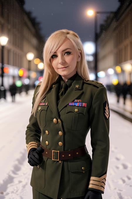 Professional photograph of  <lora:lora-small-jessica-nigri-v1:1> sks woman, she's wearing a military officers outfit, fancy military uniform, she's fit, hair combed to the side, grin, 4k, 8k, masterpiece, highest quality, absurderes, bokeh, standing in a snowy city street, London vibes, smirk