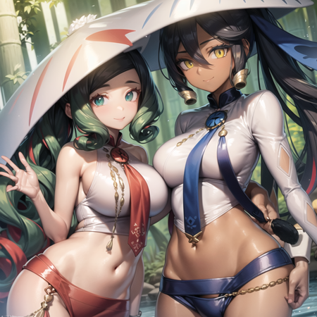 TrungSisters an anime with hat and dress is dressed in western style clothing, room background, yellow eyes, dark skin, 1girl, dark-skinned female, solo, long hair, hat, long sleeves, multicolored hair, white headwear, hair between eyes, black hair, streaked hair, ponytail, indoors, a painting of a girl with long green hair wearing a hat standing in a room background, long hair, long sleeves, solo, 1girl, green hair, multicolored hair, wavy hair, streaked hair, green eyes, white headwear, hat, single sleeve, dark-skinned female, indoors, two women in fancy clothes with large hats and big smiles look as though they are posing, multiple girls, 2girls, dark skin, dark-skinned female, yellow eyes, elephant, multicolored hair, hat, wavy hair, bamboo, long hair, streaked hair, sidelocks, black hair, green hair, ponytail, navel, single sleeve, sisters, bamboo forest, white headwear, midriff, hair between eyes, green eyes, eyeliner, siblings, long sleeves, crop top, white shirt