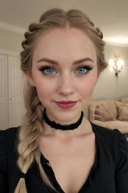 (the rule of thirds), disney frozen animation movie,masterpiece, highres, 4k, 1girl, blush, solo, photo, photography, Elsa and anna frozen, very close,indoor princess room,simple background photo, (((wears black dress)), ((ultra sharp, tack sharp)), <lora:elsa_of_arendelle_v1:0.8>,elsa_of_arendelle,single_braid, elsa \(frozen\), eyelashes, eyeshadow, hair tie, lips, looking at viewer, makeup, nose, dark lips, single braid, flower in hair, closed mouth smile,living room