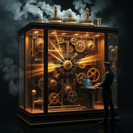 Inside of its glass case a fantastical steampunk quantum computer bends time and space. Beams of energy swirl and dance around the intricate clockwork gears and cog wheels. Steam issues from a bank of pipes along the top of the cabinet. A steampunk engineer, resplendent in his uniform, stands at a keyboard to one side. This striking image, envisioned as a high resolution digital image, showcases the machine's ornate design and cutting-edge functionality. Every detail is meticulously rendered, creating a visually stunning masterpiece that captivates the viewer with its intricate beauty and technological brilliance.