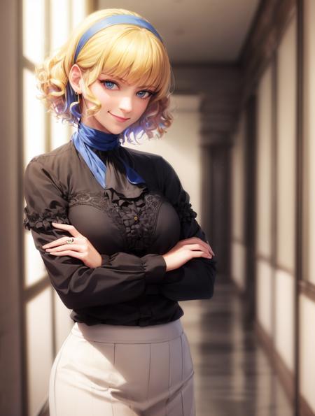 masterpiece, realistic, best quality, constance_academy, hairband, black shirt, uniform, garreg mach monastery uniform, white skirt, smug, smile, cowboy shot, crossed arms, indoors, hallway <lora:constance-nvwls-v2-000015:0.9>