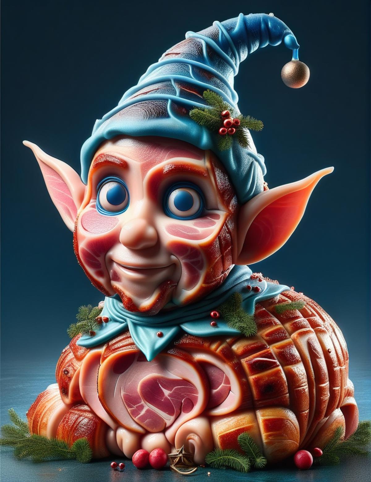 A blue elf statue made of deli meat and decorated with holly.