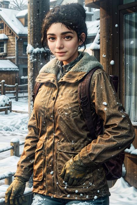 (masterpiece, best quality)
1girl, DinaTLOU2, solo, smile, gloves, long sleeves, holding, jacket, upper body, outdoors, bag, brown eyes, black hair, coat, looking to the side, window, backpack, snow, rain, brown jacket, snowing, realistic, brown coat
<lora:epi_noiseoffset2:1>  <lora:add_detail:0.7>   <lora:DinaTLOU2:0.9>