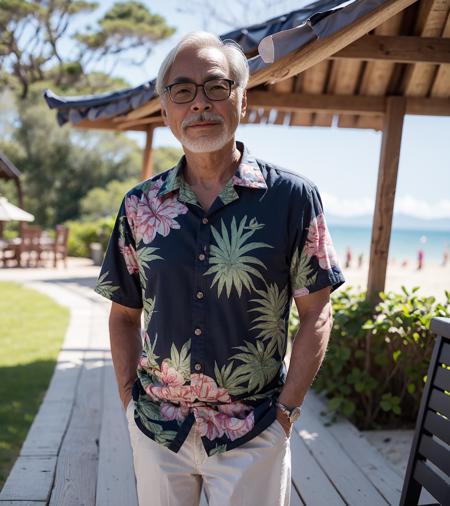 (A medium photo of  gongqijun,oldman),wearing(aloha shirt),standing on beach,sunlight,(masterpiece) (photorealistic:1.2) (bokeh) (best quality) (detailed skin) (intricate) (8k) (HDR) (cinematic lighting) (sharp focus) 
 <lora:gongqijun:0.9>