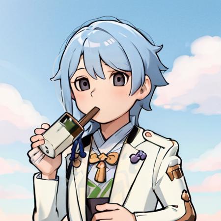 masterpiece, best quality,fujiko,1boy,blue hair,holding, holding Pearl milk tea,white clothes