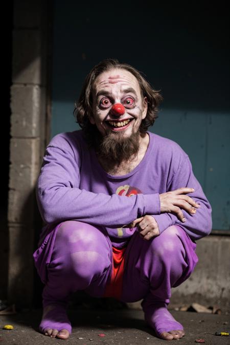 ugly man, homeless, clown, age 56 years old, evil, scary, horror, laughing, clown clothes,( large bulging eyes:1.5), a bad trip, drugs, squatting in a dark alley