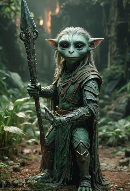 photography in the style of Labirynth, the dark crystal  movies, green, close up of (nature) and (fantasy) creature with a (diminute:1.7) sword stained with (detailed:1.5), in a beautiful and ruined ,fantasy,hyper detailed, real skin imperfections, hard lighting, bokeh, ((curi:1.2))(inspire forms in most beautiful New race:1.4) (beautiful:1.4) (ambient fantasy:1.5)(warhammer world:1.0)