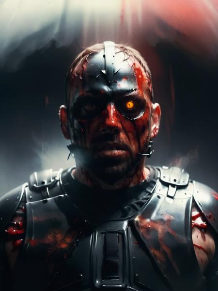 film, man with bloody face, wearing black body armour, white glowing ceiling and black background, mist and fog, low focal angle, closeup, panosstyle, style,
<lora:version10:0.75>