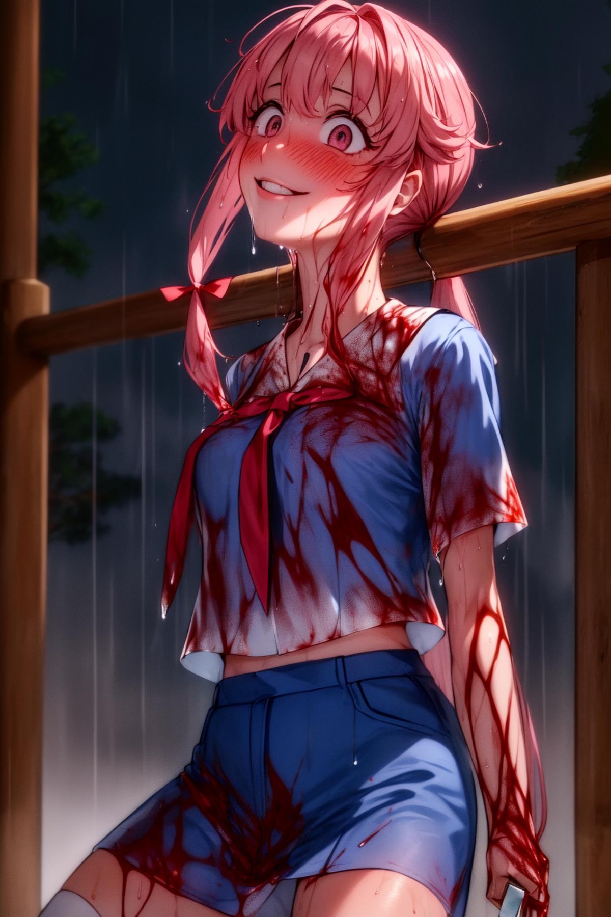A girl with pink hair wearing a blue shirt and a red tie, covered in blood and smiling.