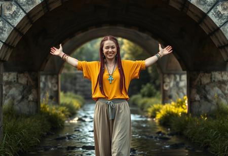 1girl  with pale caucasian skin wears a saffran-yellow top and blue basket-ball shoes and relaxed beige hamam-pants, happy smiling, hippie swag clothes, she has volumetric wine-red hair in thin long dreads with metall perls on the dreads, she has an egyptian ankh pendant in a necklace, she is posed in a super engaged and curious stance, her arms are open and warm welcoming, she is under a bridge where she was fishing but has put her rod asides and is ready to hug someone who just arrived out of picture, the bridge is a 1300's style stone slab bridge 3 meters high with loomy vegetation underneath and a stream full of life, cinematic lighting, cinematic scenery, 4k, intricate, highly detailed, small slightly glowing particles in the air, godrays shine down from the sides of the bridge, brings a feeling of warmth