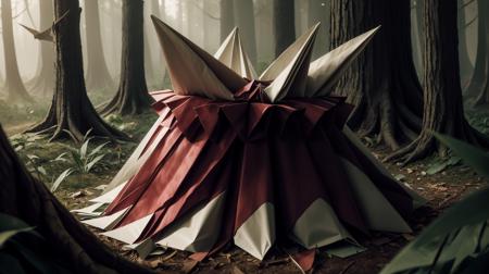 woorigami an elusive Romani thief hiding banned literature in the dense woods, folded, paper-made, origami <lora:WorldofOrigami:1><lora:add_detail:0.5> <lora:LowRa:0.25>, (Masterpiece:1.3) (best quality:1.2) (high quality:1.1), rim lighting,real photo,crisp and detailed,with Cinestill 800T film,particle effects,depth of field,hires,surreal,in the style of,Establishing shot