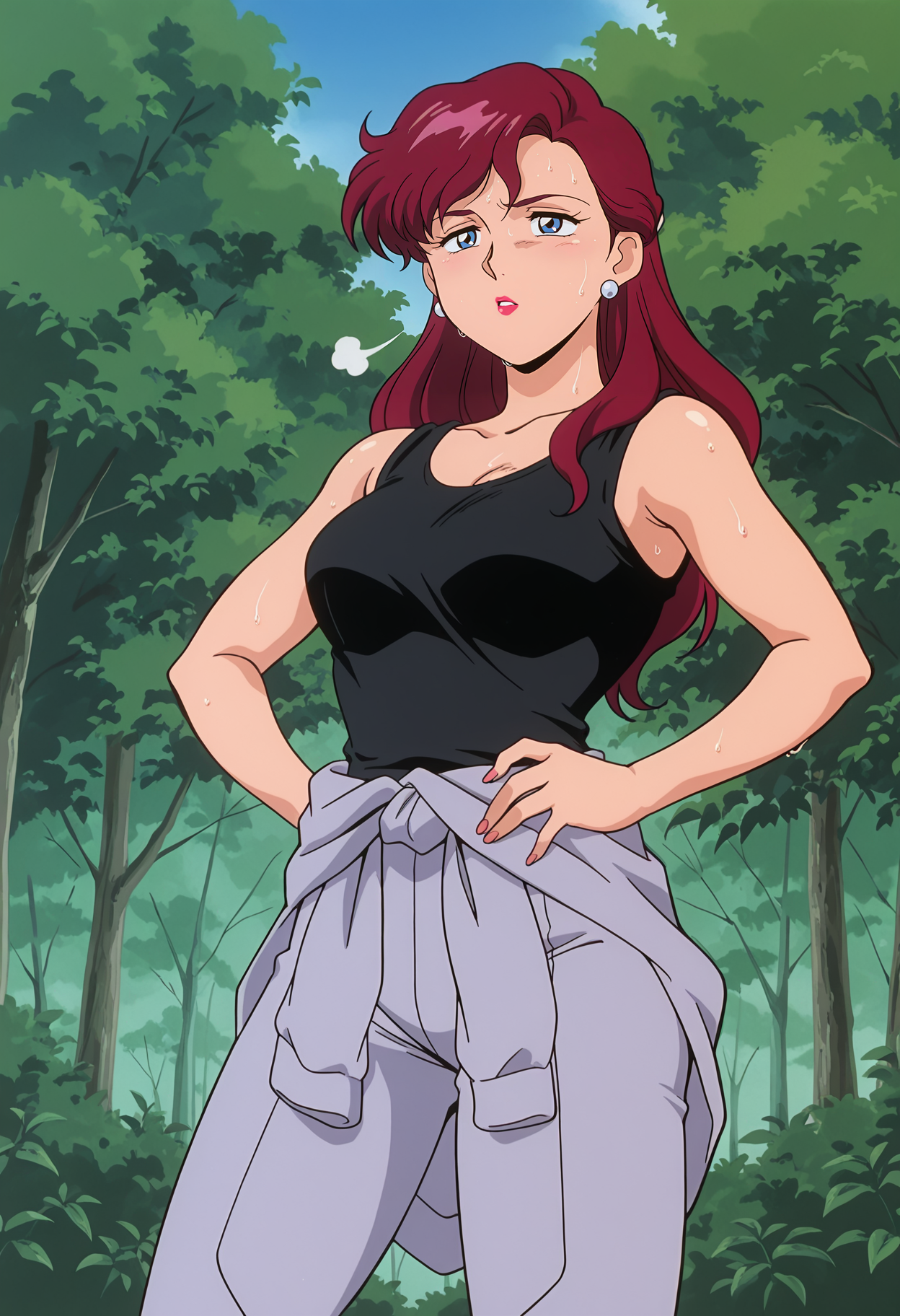 A woman with blue eyes, long dark red hair, and a tired, exasperated expression standing in a forest with her hands on her hips and a puff of breath visible. She is wearing a black tank top and light gray coveralls, with the top down and tied around her waist, and has visible sweat on her skin. The background is a dense forest filled with the trunks of trees and lush green foliage under a patch of blue sky.
