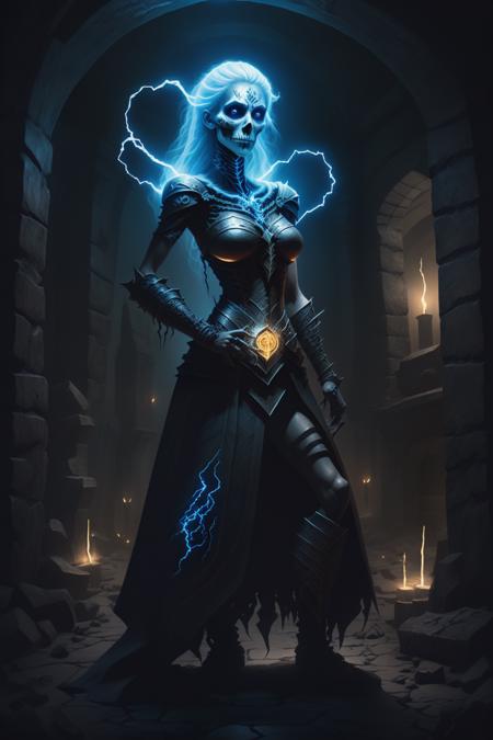 fantchar, a powerful skeletal mage woman with lightning crackling around her standing in a dungeon crypt, beautiful, runes, symbols, glowing, realistic, highly detailed, intricate