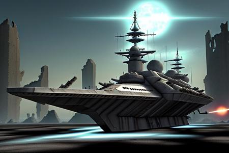 a space pirate battleship among the ruins of an advanced, futuristic city