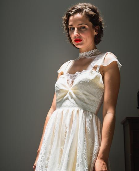 RAW photo, subject, 8k uhd, dslr, high quality, film grain, Fujifilm XT3, professional photo, (detailed skin:1.3), high quality,  <lora:Overhead_Lighting:0.65> , overhead lighting, light coming from above, hard shadows, looking down, short hair, halo, tilted head, tight dress, solo focus, cowboy shot, baby blue dress, portrait, head tilt, white lace, pale, victorian, red lipstic,