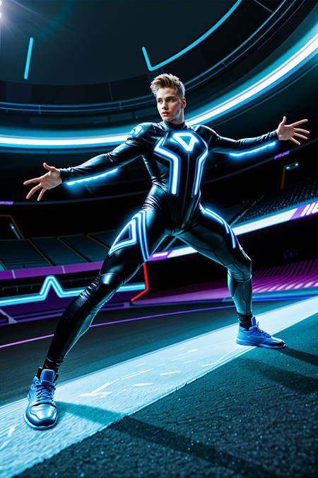 futuristic, neon lighting, (arena stadium in the Tron video game), LarsNorgaard, wearing a Tron bodysuit, (dynamic pose), masterpiece, ((full body portrait)), photorealistic, wide angle  <lora:LarsNorgaard:0.8>