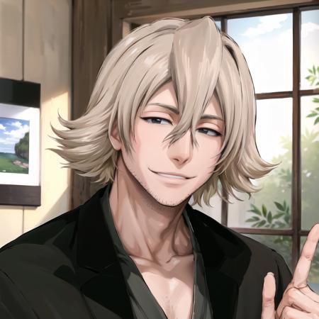 (masterpiece, best quality:1.2), (black eyes), big smile, shaded face, male focus, holding, stubble, solo, urahara_kisuke, yellow hair, <lora:kisukeLora-10:0.7>