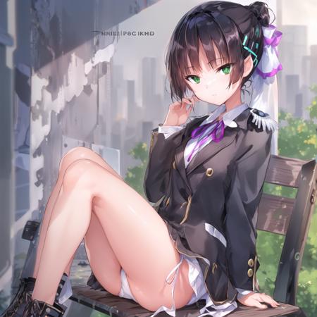 1girl, solo, hair ornament,bangs, ponytail hair, black hair, military black uniform, black clothes, skirt, purple skirt,light blue blazer,white shirt, green eyes,neck ribbon,hair ribbon,  boots,  inorists girl,<lora:inorists:1>