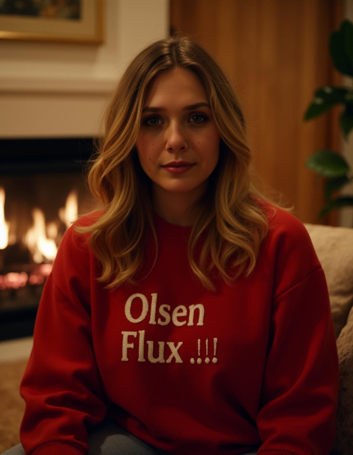 High quality photo of a woman facing the camera photographed from her waist up wearing a comfortable red sweater with the writing "Olsen FLUX !!!" on the front of it. She is illuminated from the back by a fireplace in a cozy living room.  <lora:Elizabeth_Olsen_2012_FLUX_epoch_46:1>