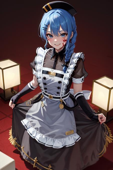 masterpiece, best quality, absurdres, perfect anatomy, SuiseiMaid, long hair, single braid, black nurse cap, double-breasted grey apron, chest belt, elbow gloves, crinoline, black pantyhose, smile, blood, blood on clothes, yandere, horror, <lora:HoshimachiSuiseiV2:1.0>