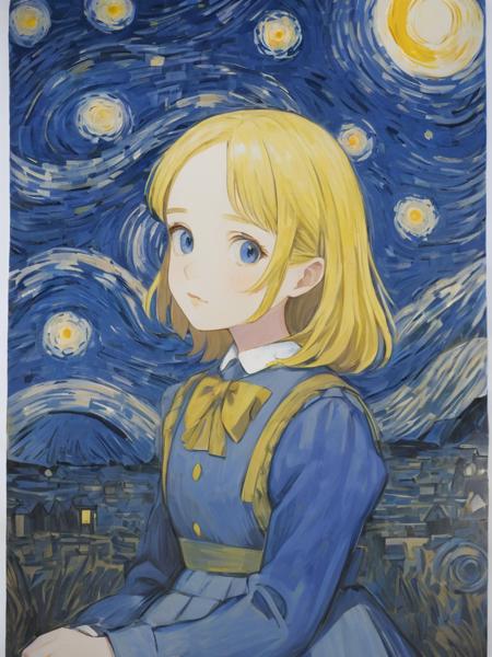 2D, upper body, (Printmaking), (masterpiece), (best quality), 1girl,alice,The Starry Night