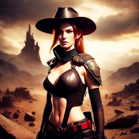 an attractive woman [gunslinger:bounty hunter:0.4] standing in a apocalyptic wilderness (bitrealms style:1) <lora:djzBitRealms_LB2:0.8>