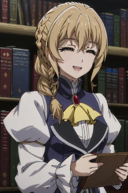 best quality, masterpiece, highres, solo, {guild_girl_goblinslayer:1.15}, blonde_hair, braid, yellow_eyes, long_hair, ascot, hair_between_eyes, smile, anime_coloring, 1girl, closed_eyes, open_mouth, parody, ^_^, brooch, bookshelf