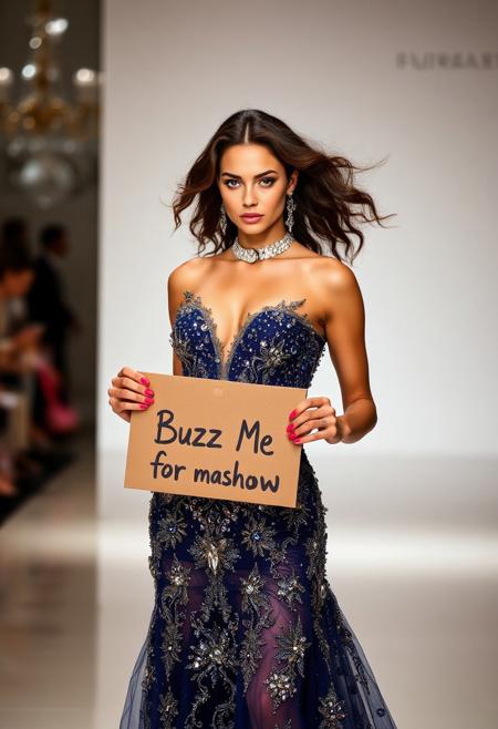award winning photo of a supermodel holding a cardboard with quote "Buzz Me for my fashion show". She is wearing a stunning and captivating fashion design that blends elegance with innovation. The image should feature a breathtaking haute couture gown with intricate detailing, a perfect balance of modern and classic elements, and a palette of luxurious, vibrant colors. The design should include delicate embellishments, rich textures, and unique silhouettes that push the boundaries of contemporary fashion. Ensure the setting is equally impressive, with a sophisticated backdrop that enhances the allure of the garment, making the entire composition unforgettable and truly distinctive."