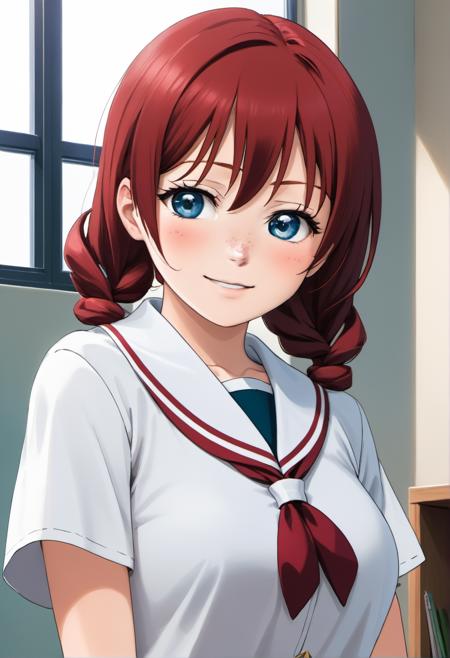 a woman with huge breasts and (freckles:1.3) on her face and low symmetrical twin braids wearing the nijigasaki academy school uniform standing in a school and smiling, 1girl, nijigasaki academy school uniform, hair between eyes, standing, short hair, huge breasts, (freckles:1.2), school, red hair, aqua eyes, smile, open mouth, bangs, hair ornament, jewelry, smile, anime