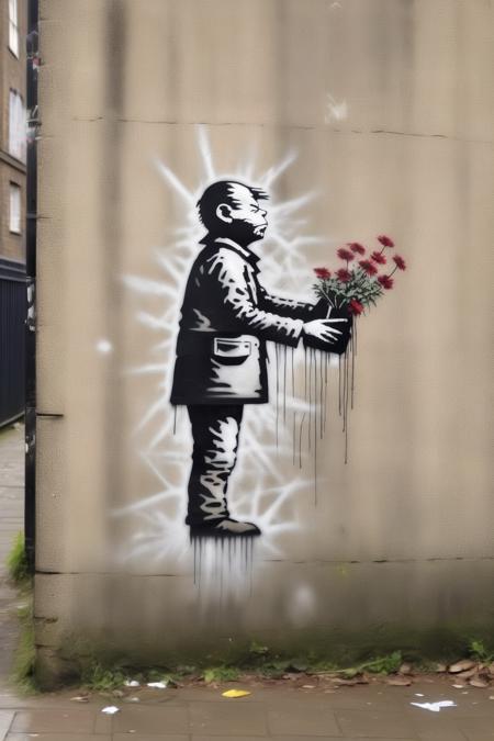 <lora:Banksy Style:1>Banksy Style - satirical street jokes sprayed on urban walls in the style of banksy