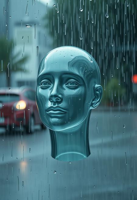 rain blocked by an invisible object, water running around the shape of an invisible human bust, like a transparent glass head under heavy rain, portrait of a person who cannot be seen