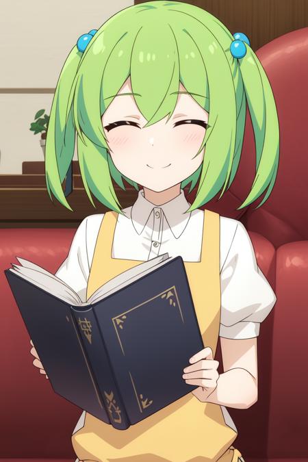 shalsha
<lora:ShalshaV1:0.7>
1girl, book, clipboard, closed_eyes, facing_viewer, green_hair, hair_bobbles, hair_ornament, holding, holding_book, kisume, menu, open_book, reading, short_hair, short_sleeves, smile, solo, twintails, upper_body