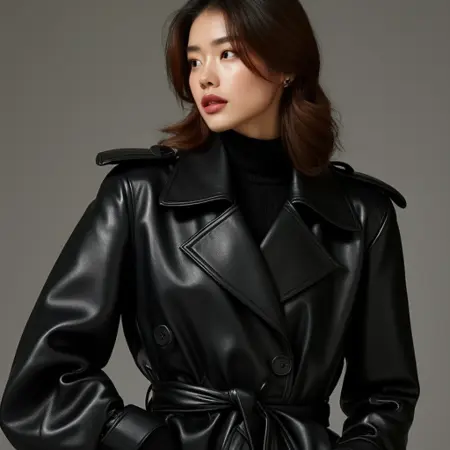 Black Leather double trench long coat women 20250131